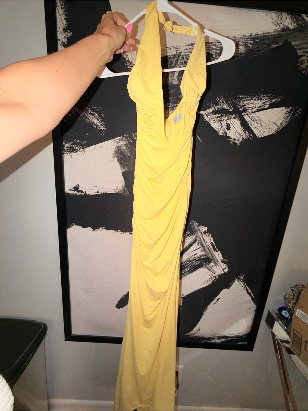 Oh Polly Yellow Halter Deep V Maxi Gown - Picture 4 of 6